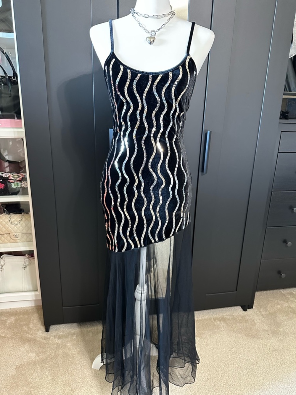 Frederick's of Hollywood Black Velvet Sequin Maxi Slip Dress M